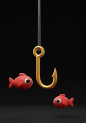 Poster - Stylized Golden Fishing Hook with Toy Fish on Dark Backdrop Illustration