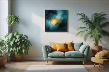 Poster - A teal and gold abstract painting hangs above a teal couch in a modern living room, sunlight illuminating the artwork.  Plants flank the seating area, adding a touch of nature to the interior design.