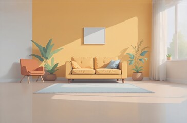 Poster - A sunlit living room scene.  Mustard yellow sofa, orange armchair,  plants, and a light blue rug create a calm, minimalist aesthetic.  Perfect avatar background.