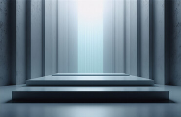 Poster - Abstract minimalist architectural space featuring steps or platforms leading towards a bright, central light source.  Clean, modern, and geometric design with blue grey tones.