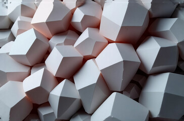 Poster - white geometric shapes, resembling irregular polyhedra, are piled together, creating a textured and 