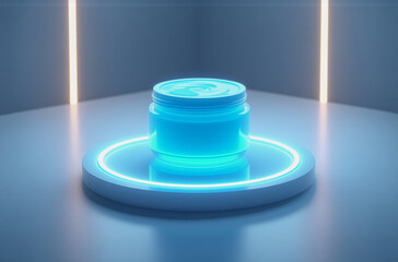 Poster - Cylindrical container glowing blue, sits on a circular platform with neon light accents in a minimalist, futuristic setting.  The scene is brightly lit with clean lines.