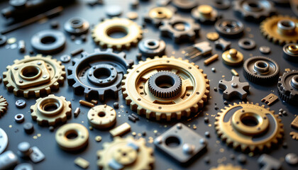 Poster - gears and mechanical parts arranged artistically, showcasing intricate designs and textures