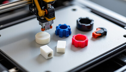 Poster - 3D printer creating colorful plastic components build plate, showcasing innovation and design