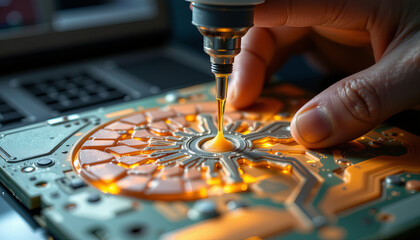 Aufkleber - liquid resin application on circuit board, showcasing precision and technology