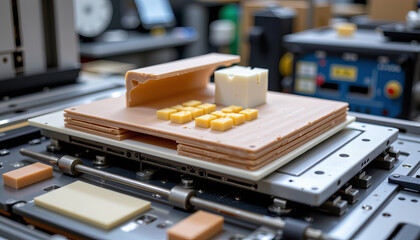Poster - layered construction of materials in manufacturing process, showcasing precision and innovation