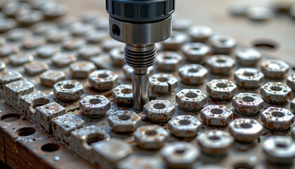 Poster - close up of machine tool drilling into metal components, showcasing precision and craftsmanship
