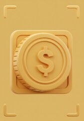 Aufkleber - Golden dollar coin rendered in 3D against a soft yellow background with focus corners