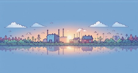 Aufkleber - Pixel art depicts a serene landscape with a river reflecting buildings and the sky. A sunset casts warm light, hints of clouds floating above trees. The image has a nostalgic retro video game vibe.