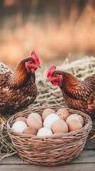 Poster - Two brown hens stand proudly beside a wicker basket brimming with fresh, multicolored eggs, showcasing the bounty of a backyard chicken coop