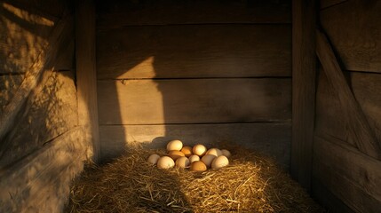 Poster - Warm sunlight illuminates a pile of freshly laid eggs nestled in a bed of hay inside a rustic wooden chicken coop, evoking the essence of organic farming and farm fresh goodness
