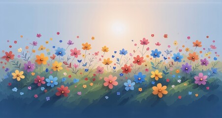 Poster - A vibrant floral landscape under a warm, soft glow. Colorful blooms populate a field with varying hues, with a light shining above, bringing out all colors in the scene.