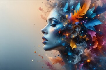 Fototapete - A serene woman's profile, adorned with vibrant feathers and colorful smoke, evokes a sense of ethereal beauty and tranquility.  The artwork uses a digital painting style.