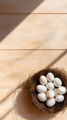 Poster - Fresh organic white eggs nestled in a bird's nest on a light wooden table, bathed in natural sunlight, create an inviting and wholesome scene
