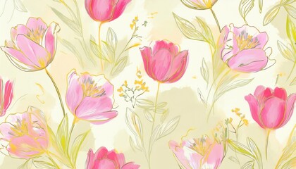 Aufkleber - vibrant pink tulip illustration with soft yellow background, floral design for branding, print media, web design, and textiles vector art graphic