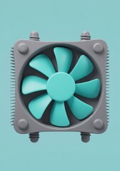 Poster - Stylized Turquoise PC Cooling Fan on Pastel Blue Background Illustration