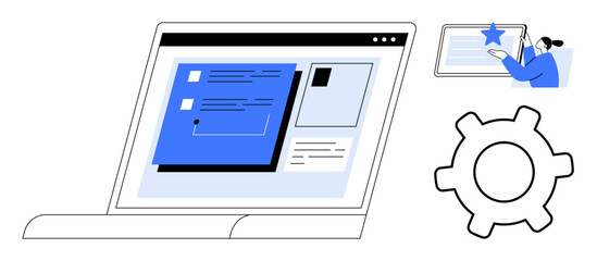 Laptop displaying interface design, user engaging with touch screen, and gear denoting settings. Ideal for web development, UIUX design, digital tools, tech concepts, automation, innovation flat