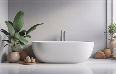 Poster - Modern minimalist bathroom design.  A freestanding bathtub is the focal point, flanked by potted plants and minimalist decor.  Natural light streams in, creating a serene atmosphere.