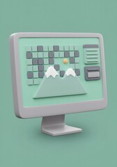Fototapete - Minimalist Computer Displaying Abstract Mountain Landscape in Pixelated Style