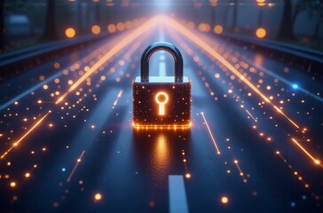 Aufkleber - A glowing padlock sits on a digital highway, symbolizing data security and the journey toward protected information.  The path ahead is illuminated, suggesting a future of secure connectivity.
