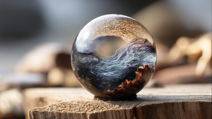 Poster - Stunning resin art sphere with intricate galaxy design and wooden base on transparent background