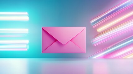 Fototapete - Pink Envelope with Neon Glowing Abstract Design on Blue Background