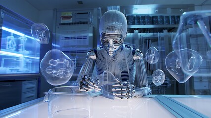 Poster - Abstract Robotic Figure in White and Blue Lab with Holographic Display Working at a Shiny Translucent Table with Futuristic Equipment