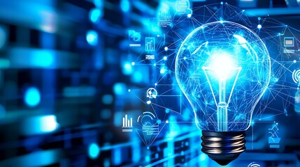 Poster - Illuminated Lightbulb with Digital Connections on a Blue Abstract Background