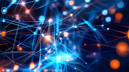Fototapete - Intricate Network of Interconnected Lines and Dots with Blue and Orange Lights