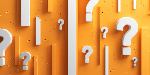 Poster - Abstract 3D render of white question marks on orange background with white geometric shapes, representing curiosity, inquiry, and problem-solving