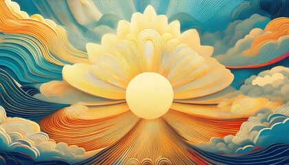 Poster - Majestic sunrise over vibrant waves abstract art digital illustration tranquil atmosphere aerial view serenity and nature
