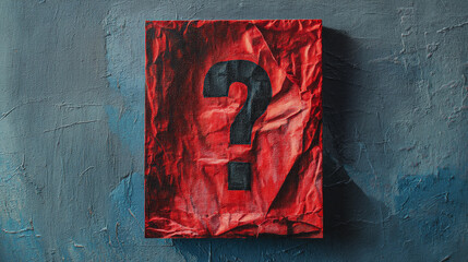 Poster - Red crumpled paper with black question mark, on textured blue background.  Symbolizes uncertainty, inquiry, or a need for answers
