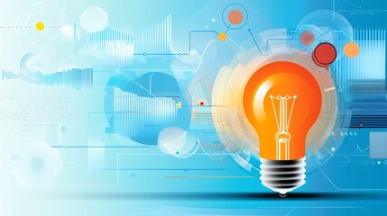 Fototapete - Orange Light Bulb Surrounded by Abstract Geometric Designs on Light Blue Backdrop