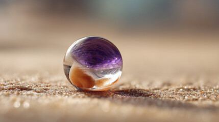 Poster - Stunning amethyst crystal ball on sandy surface detailed macro photography on transparent background