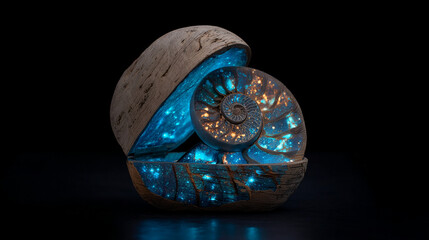 Poster - Glowing ammonite fossil in wooden sphere artistic 3d render blue cosmic on transparent background