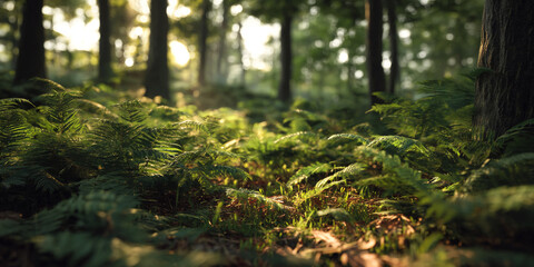 Aufkleber - Sunlight filters through forest trees, illuminating lush green ferns on the forest floor, creating a serene and natural atmosphere