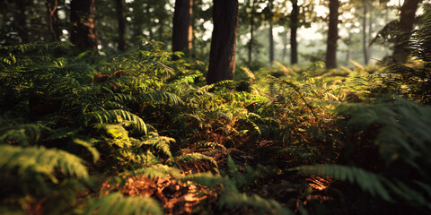 Poster - Sunlight filters through forest canopy, illuminating vibrant green ferns on forest floor, creating serene and peaceful woodland scene