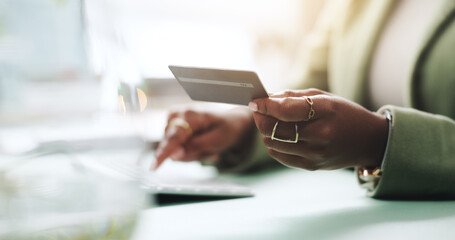 Business woman, hands and computer with credit card for online shopping, company purchase or banking finance. Procurement officer, employee and website for ecommerce, internet payment or subscription