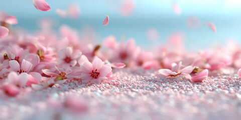 Poster - Pink flowers and petals scattered on a light pink surface, delicate and serene scene, symbolizing spring, beauty, and tranquility