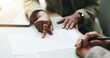 © peopleimages.com - Business people, hands and pointing on contract for legal documents, application and agreement in office. Pen, closeup and person explain paperwork for policy, form or deal in workplace or company
