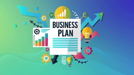Poster - Business plan concept with growing arrows, light bulbs, and graph, symbolizing innovation, growth, and strategy on a vibrant gradient background