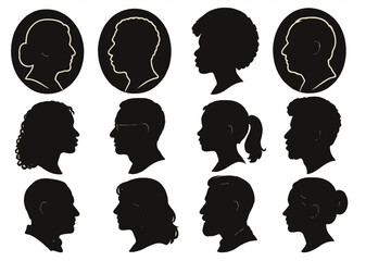 Poster - Collection of silhouette icons showcasing diverse human profiles in various hairstyles and expressions