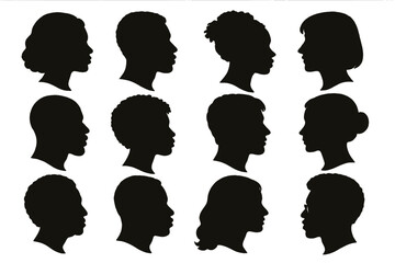 Poster - Icon set displaying diverse human silhouettes representing various hairstyles and facial features in a minimalist style