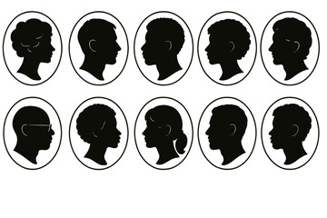 Poster - Diverse silhouette icon set featuring various hairstyles and facial profiles in circular designs