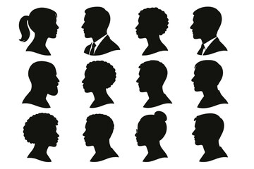 Poster - Icon set featuring diverse silhouettes of human profiles in various hairstyles and attire for creative projects