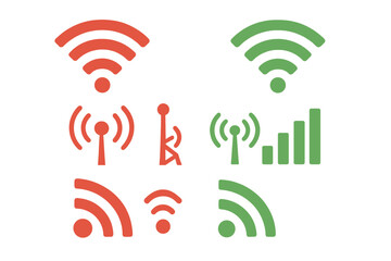 Leinwandbilder - Icon set representing wireless signal strength, including transmission towers and connection indicators in distinct colors