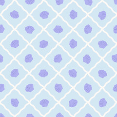purple seashell on blue square background with wavy white lines. vector illustration seamless patter