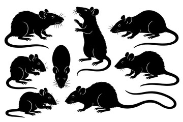 Poster - Icon set featuring various black silhouettes of mice in different poses and activities suitable for graphic design projects