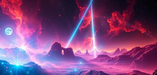 glowing alien landscape, celestial beams pierce vibrant nebula epic cosmic exploration, orange, sky