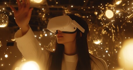 Poster - A young woman is depicted using a virtual reality headset on a digital screen